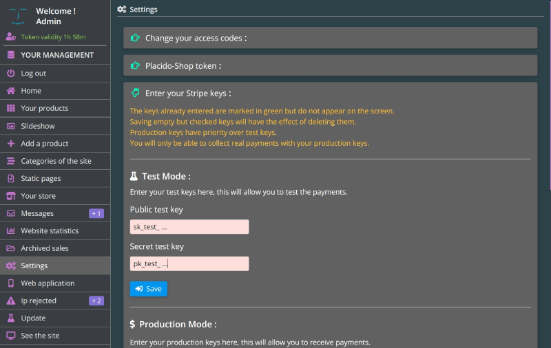Enter your Stripe keys from your administration interface