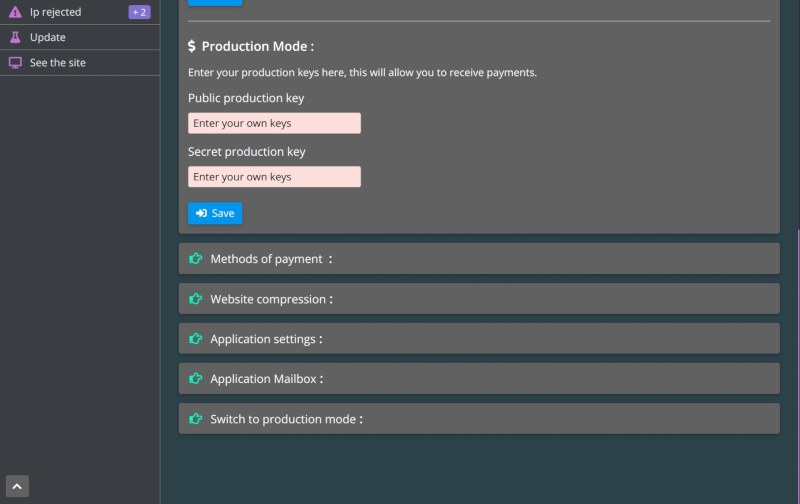 Enter your Stripe keys from your administration interface